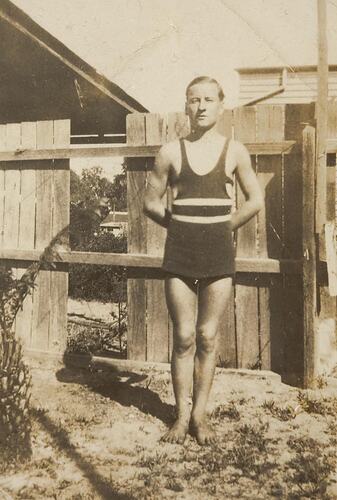 Digital Photograph - Man Wearing Bathing Suit, Backyard, Black Rock, 1930