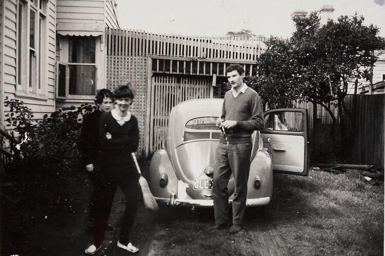 Digital Photograph - Two Girls & Boy with Volks Wagon 'Beetle' Car, Driveway, Camberwell, 1965