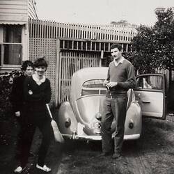 Digital Photograph - Two Girls & Boy with Volkswagen 'Beetle' Motor Car in Driveway, Camberwell, Victoria, 1965