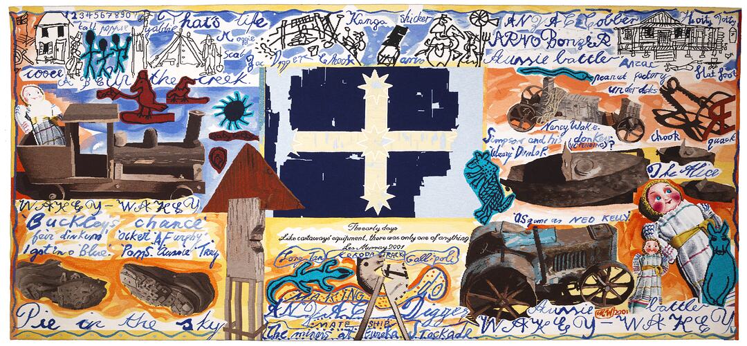 Detailed tapestry with numerous items, shoes, toys, Eureka flag. Woven blue, black cursive text across piece.