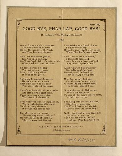 Street Ballad - Good Bye, Phar Lap, Good Bye!, 1932