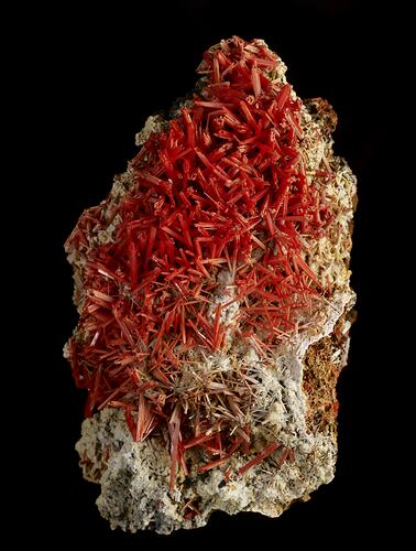Rock specimen with red needle-like crystals.