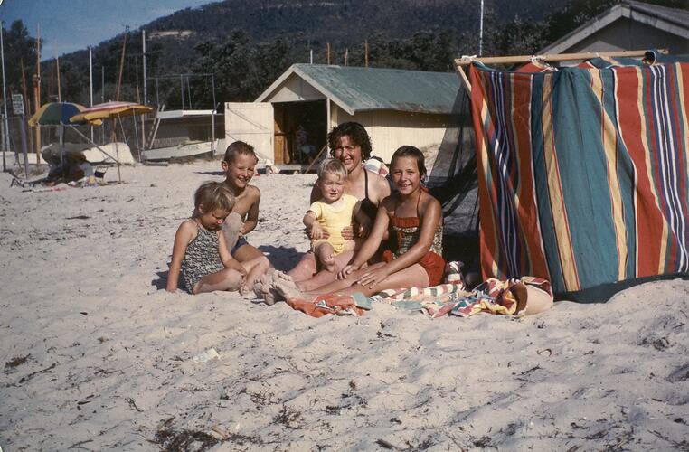 Family Sitting on Beach by Shade Tent, Dromana, 1964