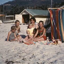 Family Sitting on Beach by Shade Tent, Dromana, 1964