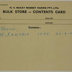 Form - H.V. McKay Massey Harris, Bulk Store Contents Card, 1957