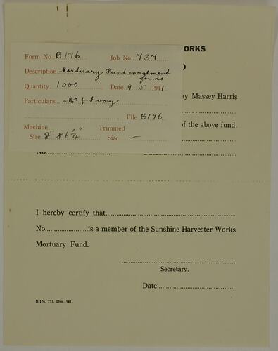 Form - H.V. McKay Massey Harris, 'Mortuary Fund' Enrolment, 1941