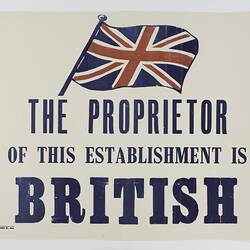 Sign - The Proprietor of this Establishment is British, circa 1940s