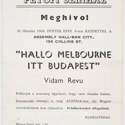 Leaflet - Hallo Melbourne Itt Budapest, Petofi Szinhaz, 31 Oct 1958
