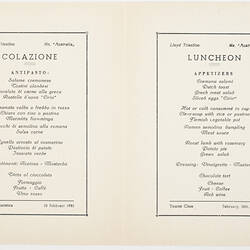Menu - MV Australia, Lloyd Triestino Line, 28th Feb 1955