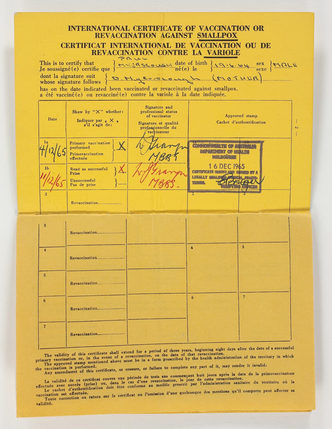 Certificate of Vaccination - Smallpox, Paul Myerscough, 1965