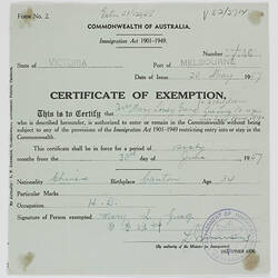 Certificate of Exemption - Issued to Mary Louey Gung, Department of Immigration, Victoria, 20 May 1957