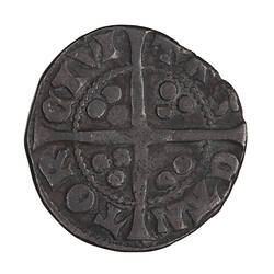 Coin, round, long cross with three beads in the angles; around outside a circle of beads, CIVI TAS CAN TOR.