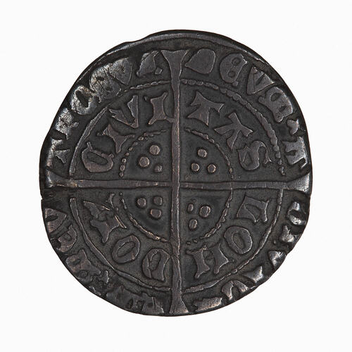 Coin, round, long cross, in each angle three pellets; text around, a legend in two concentric circles.