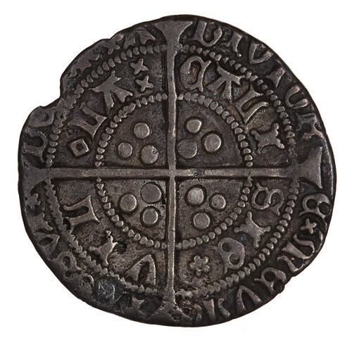 Coin, round, long cross pattee dividing legend; text around in two concentric circles.