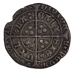 Coin, round, long cross pattee dividing legend; text around in two concentric circles.