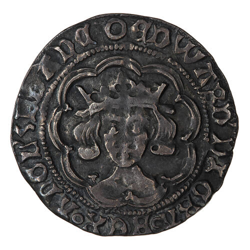 Coin, round, crowned bust of the King facing within a tressure of nine arches; text around.