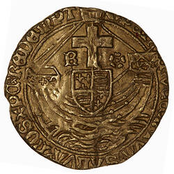 Coin, round, ship with a crucifix as a mast from which hangs a shield quartered with English and French arms.