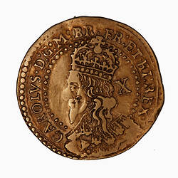 Coin, round, at centre partly within a circle of beads, crowned bust of the King facing left.