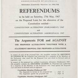 Information Booklet - Issued by Commonwealth Government, Referendums on Proposed Laws for the Alteration of the Constitution (Parliament) & (Aboriginals)