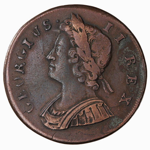 Coin - Halfpenny, George II, Great Britain, 1730 (Obverse)