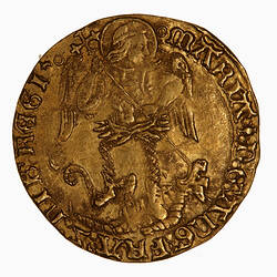 Coin, round, winged angel standing, head right on a fallen dragon piercing it in the head with spear.