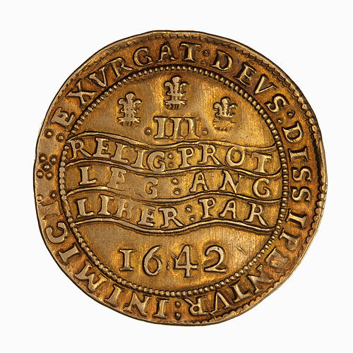 Coin, round, at centre within a beaded circle, three plumes above the Roman numeral III, text around.