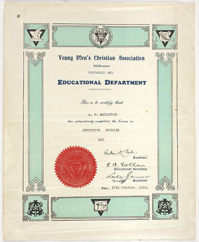 Decorative certificate with red seal.