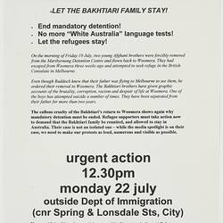 Leaflet - Let the Bakhtiari Family Stay, Refugee Action Collective, 2002