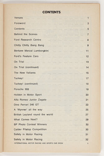 Contents page of Motor Show catalogue with text list and page numbers