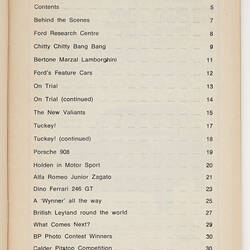 Contents page of Motor Show catalogue with text list and page numbers