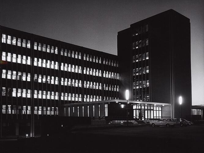 Photograph - Kodak Australasia Pty Ltd, Exterior View at Night of Building 8, Head Office & Sales & Marketing at the Kodak Factory, Coburg, 1965