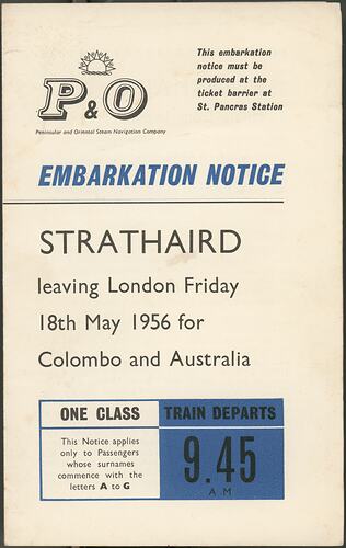 Leaflet - RMS Strathaird, P&O Line, Embarkation Notice, 1956