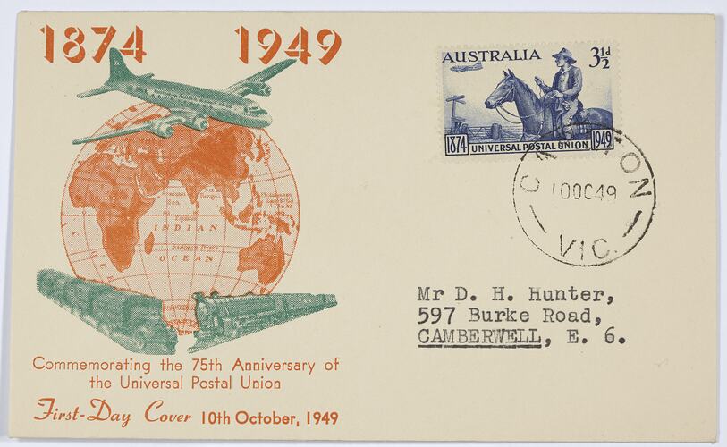 First Day Cover - 75th Anniversary of the Universal Postal Union, 3 1/2 Pence, Australia, 10 Oct 1949