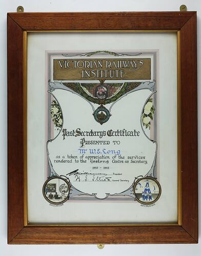 Certificate - Past Secretary's Certificate, W.E. Long, Victorian Railways Institute, 1945