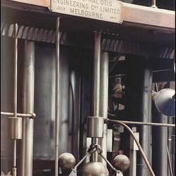 Photograph - Detail of Governor & Builder's Plate on Austral Otis Steam Engine No.8, North Engine Room, Spotswood Pumping Station, Victoria, 1978
