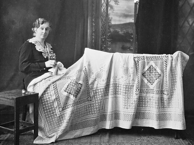 Woman Working on a Drawn Thread Tablecloth, Natimuk, Victoria, circa 1905