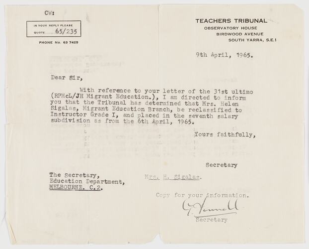 Letter - Teachers Tribunal to Department of Education