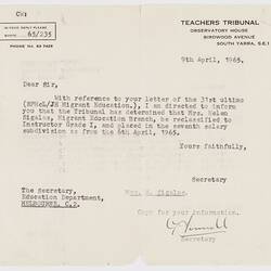 Letter - Teachers Tribunal to Department of Education, 9 Apr 1965