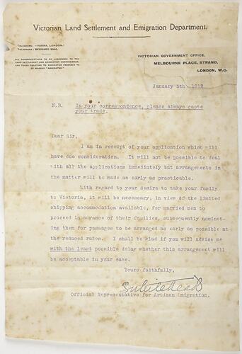 Letter - S. Whitehead to George White, Receipt of Assisted Passage Application, 5 Jan 1912
