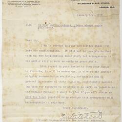 Letter - S. Whitehead to George White, Receipt of Assisted Passage Application, 5 Jan 1912