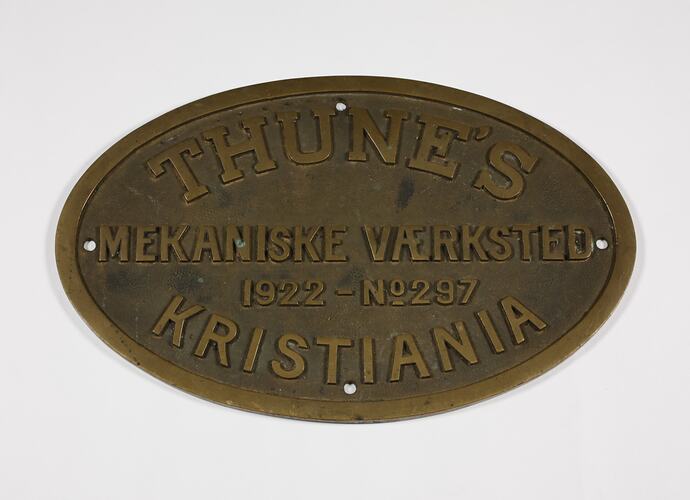 Locomotive Builder's Plate - No 297, Thune's Mekaniske Vaerksted, Kristiania, Norway, 1922