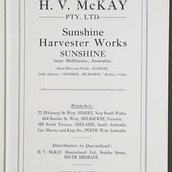 Company History - H.V. McKay 'The Sunshine Harvester Works Historical Catalogue', circa 1926