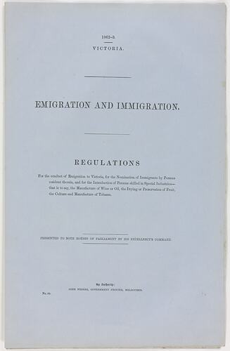 Parliamentary Paper - Emigration and Immigration, Parliament of Victoria, Colony of Victoria