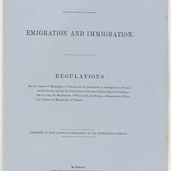Parliamentary Paper - Emigration and Immigration, Parliament of Victoria, Colony of Victoria