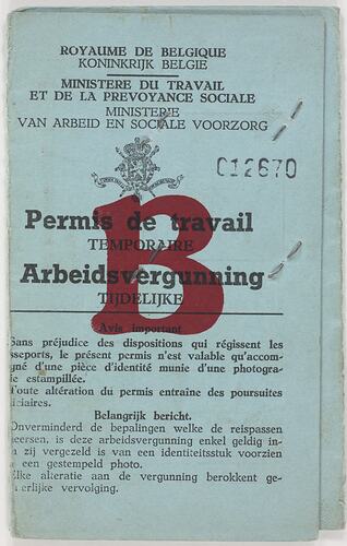 Booklet - Permis De Travail, Issued to Sandor Tokai, Belgium, 18 Sep 1958