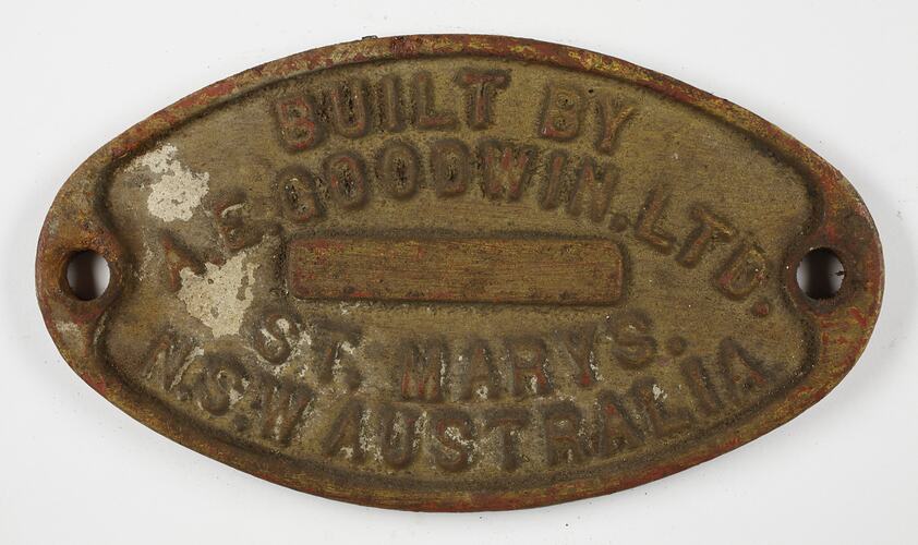 Locomotive Builder's Plate - A. E. Goodwin, St Marys, New South Wales