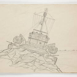 Off-white open book page, with drawing of navy ship mast.