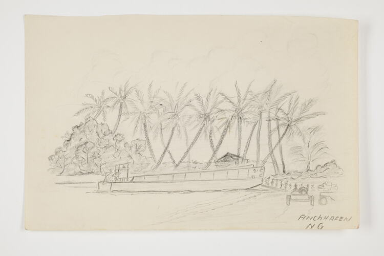 Drawing of a landing ship on a beach with palm trees in background, on off-white paper.