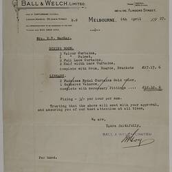 Quotation - Curtains, Ball & Welch Ltd., Melbourne, 6 Apr 1927