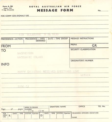 Telegram - From Jessie Macpherson to Daughter Hope Macpherson, Macquarie Island, Dec 1959